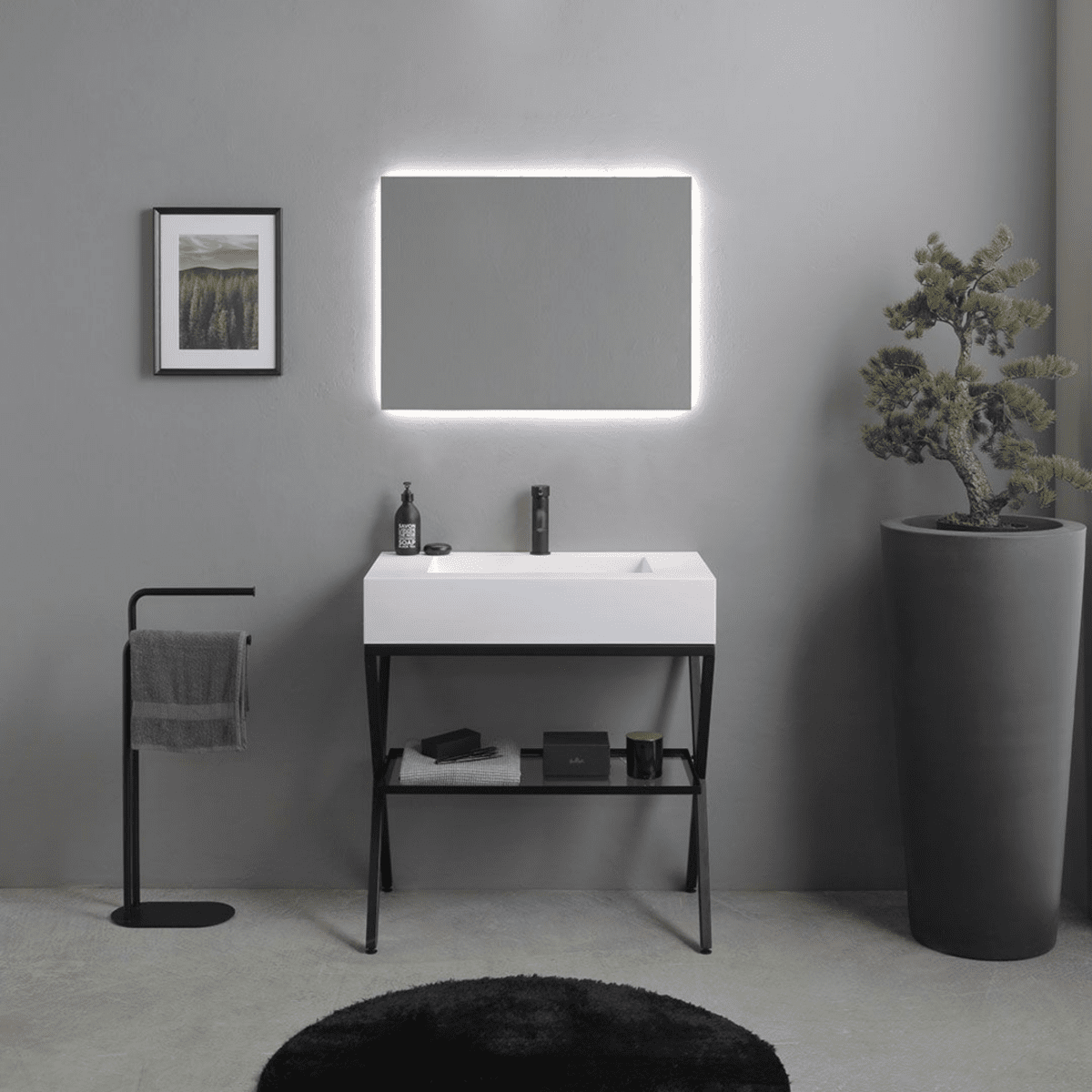 Mobile bagno a terra "Cartagena white" con specchio LED e mensola in vetro 80 cm - MondoViro
