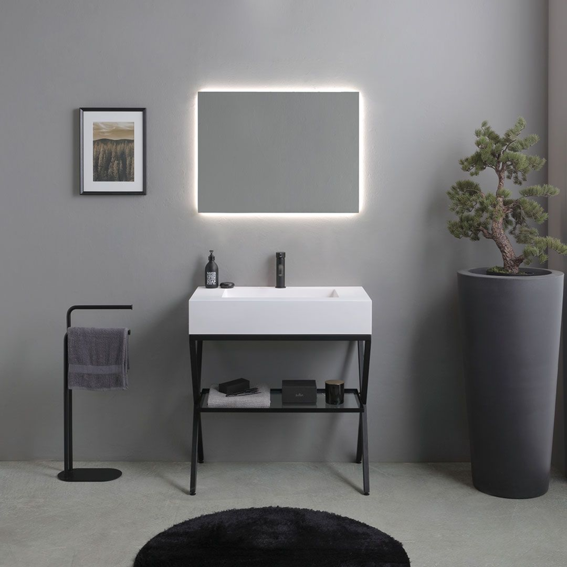 Mobile bagno a terra "Cartagena white" con specchio LED e mensola in vetro 80 cm