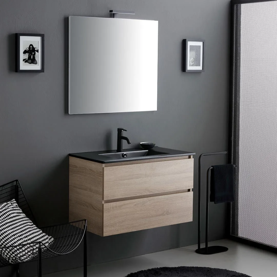 Mobile bagno sospeso 2 cassetti "Berlino80" color rovere con lavabo nero e specchio