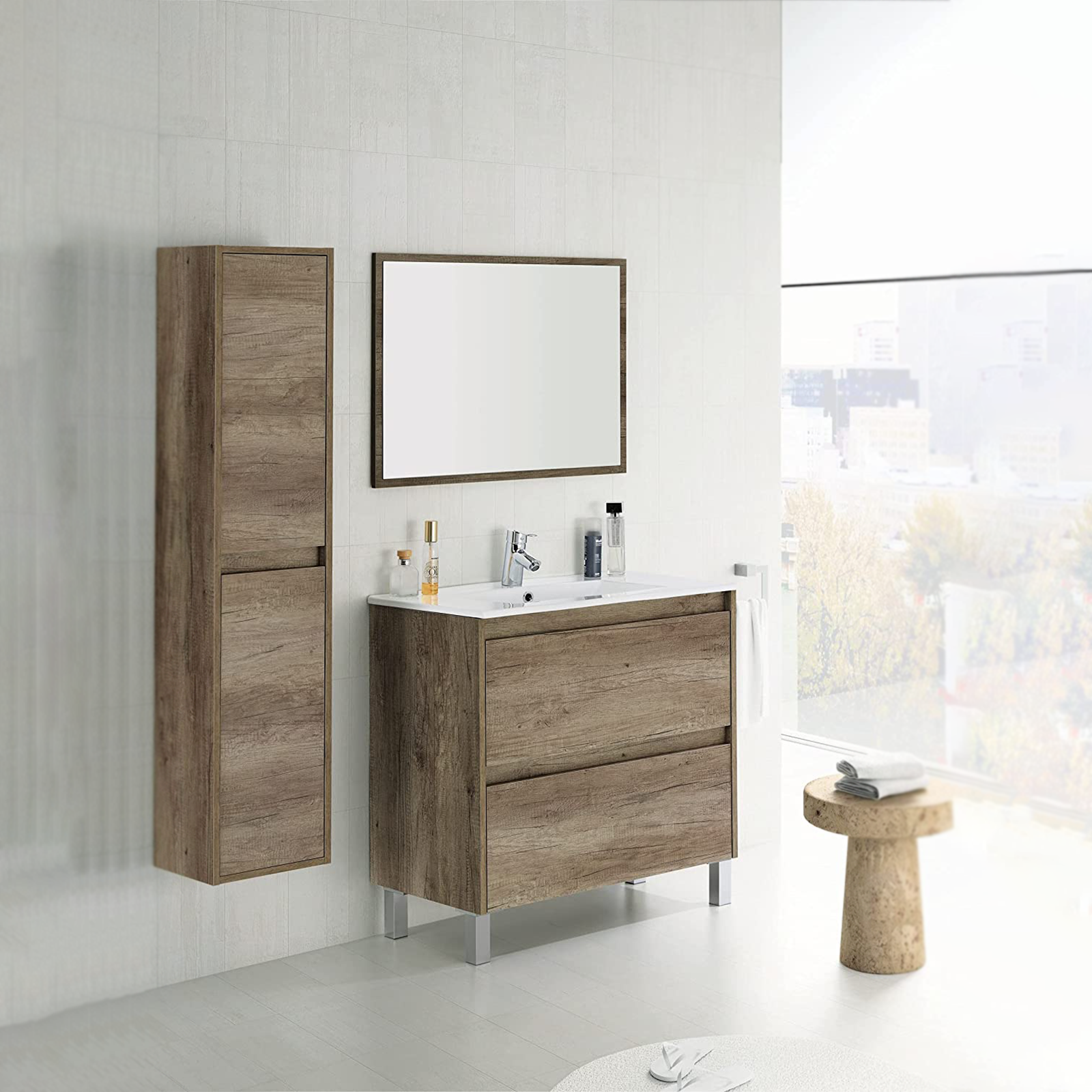 Colonna pensile da bagno Dakota mobile a 2 ante in legno rovere Nordik con 4 ripiani