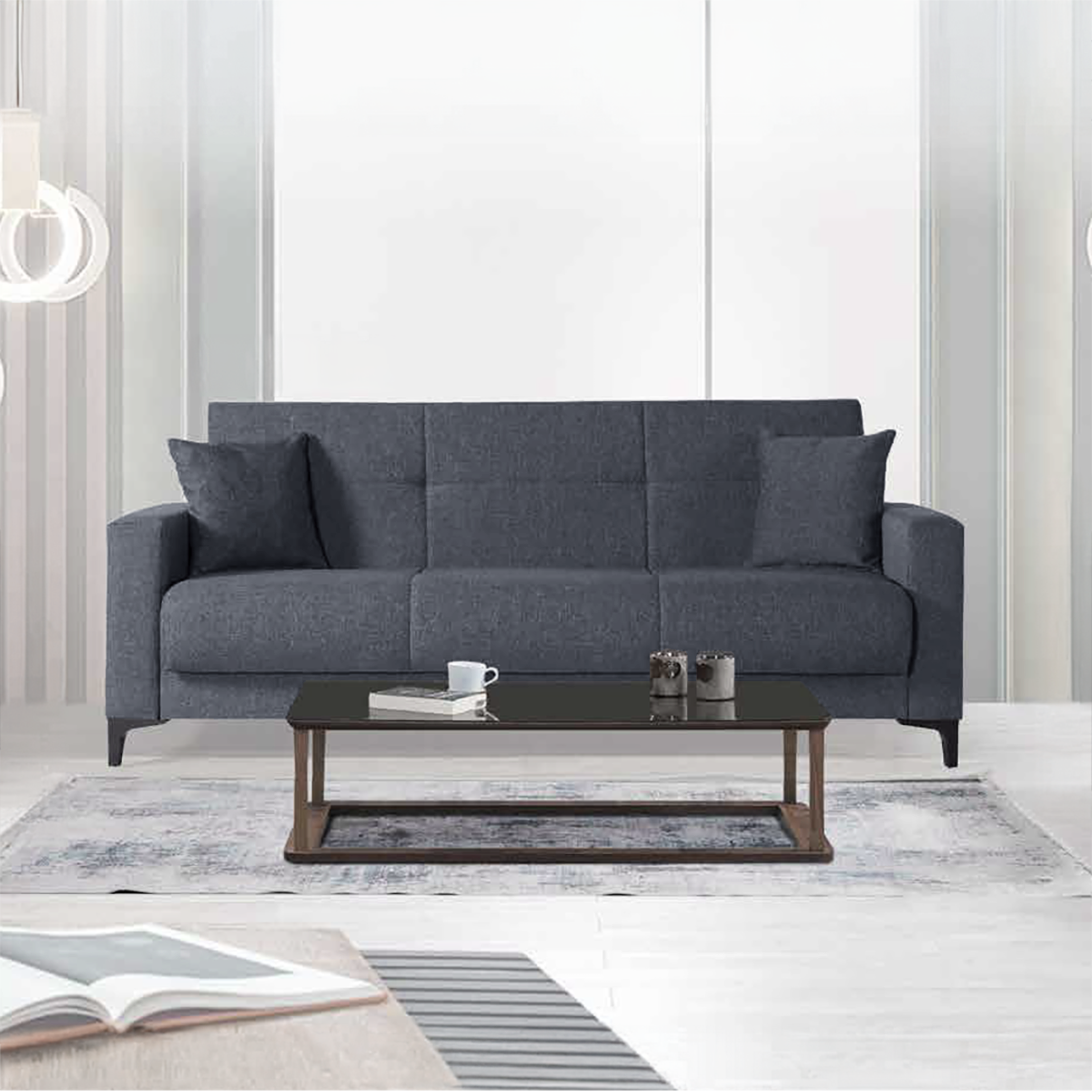 Divano con cassettone contenitore "Bravo Bacos" in tessuto con due cuscini