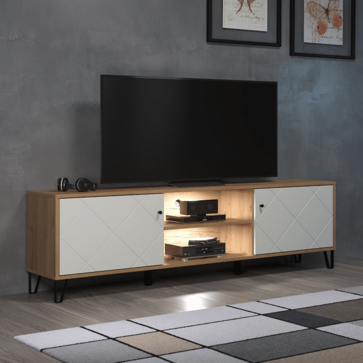 Set mobili da soggiorno "Living Bollo" in legno rovere artisan e bianco - MondoViro