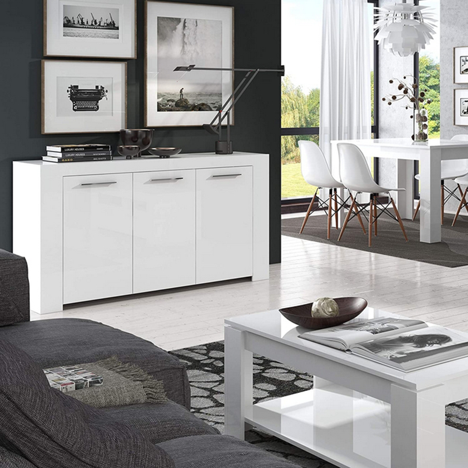 Credenza a 3 ante Ambit bianco e cemento da soggiorno cm 144x42 80h