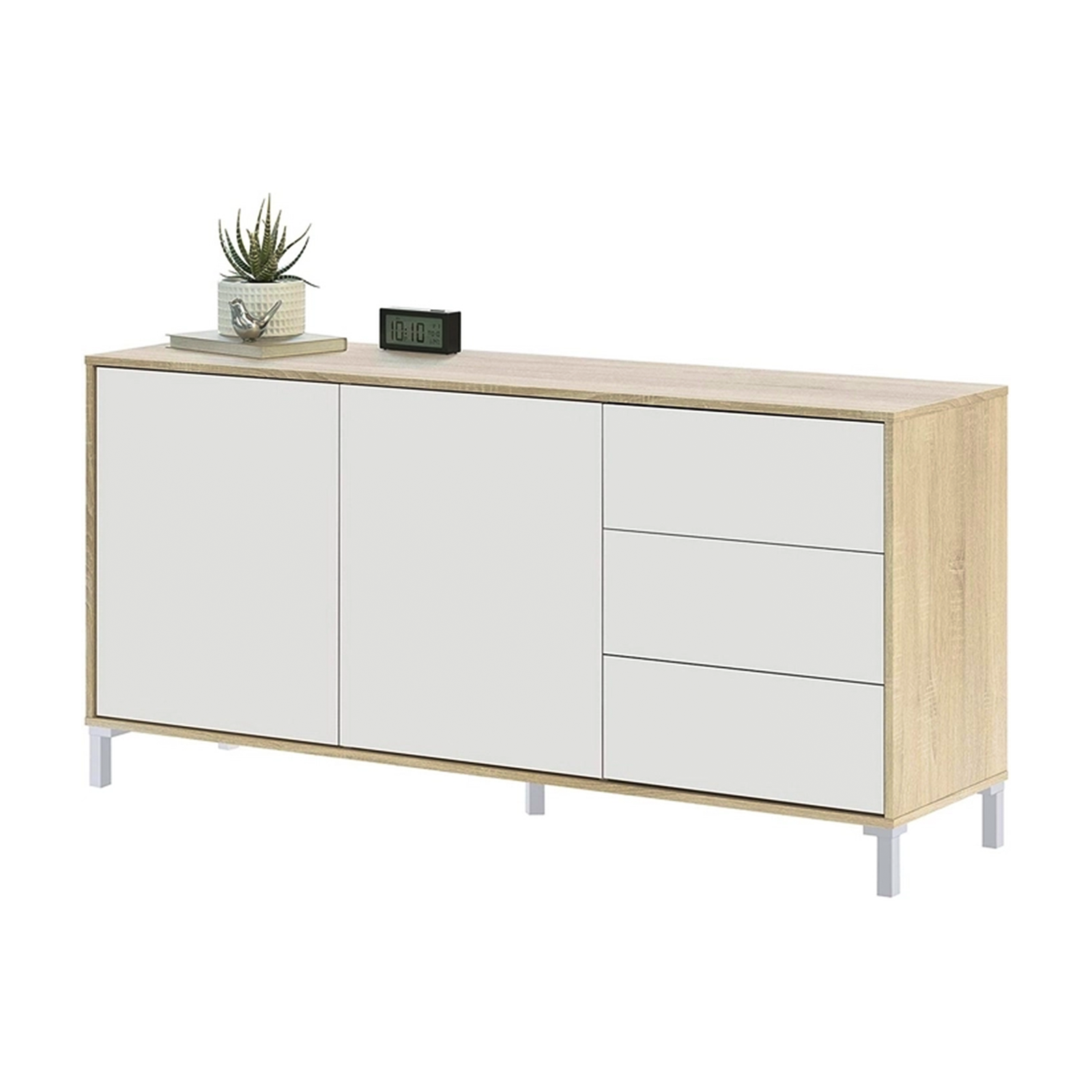 Credenza Brooklyn in truciolare rovere e bianco a 2 ante con 3 ripiano cm 154x41 74h