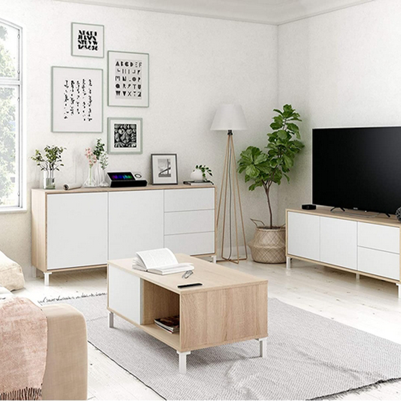 Credenza Brooklyn in truciolare rovere e bianco a 2 ante con 3 ripiano cm 154x41 74h