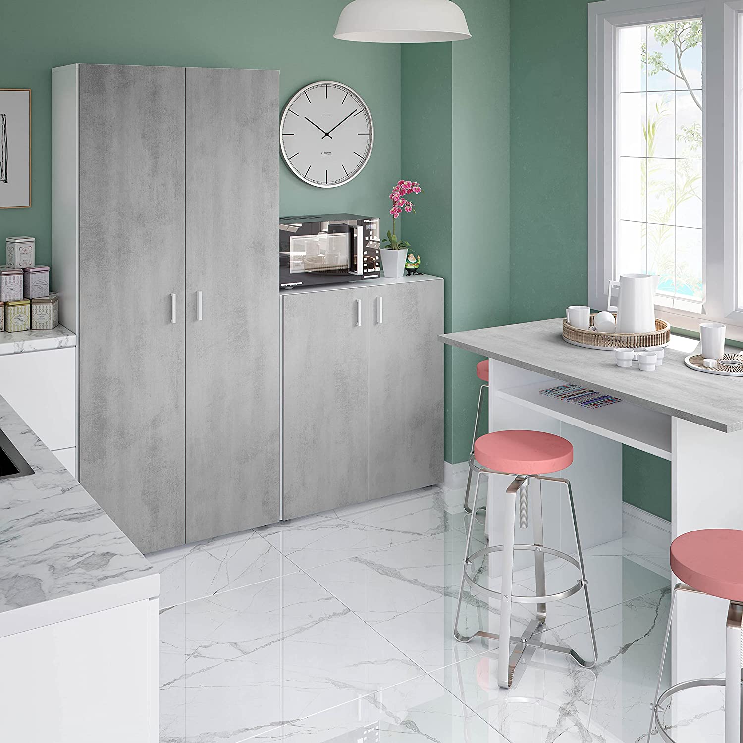 Set armadio alto o basso Multiusos in truciolare finitura cemento mobile per lavanderia