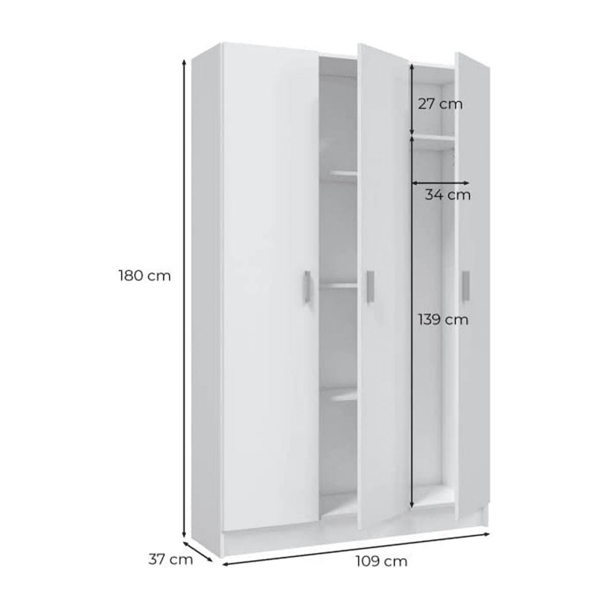 Armadio In Legno Bianco Con Ruote E 3 Ripiani - 80x40x110 Cm - Grande Vano Aperto, Da Fissare A Parete