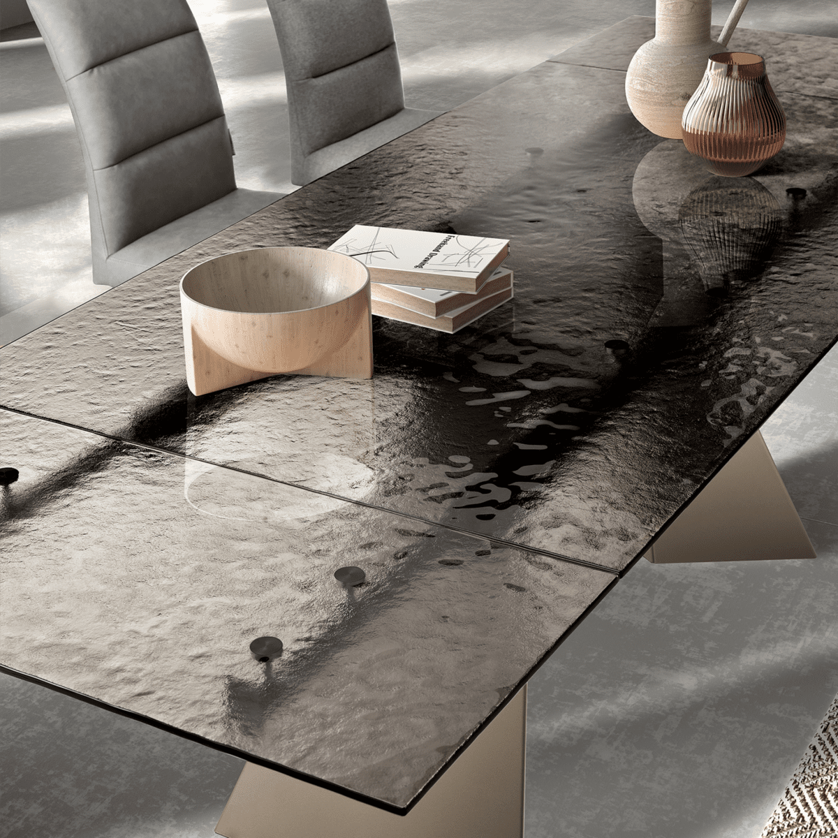 Tavolo allungabile da pranzo "Rubino" con piano in vetro martellato - MondoViro