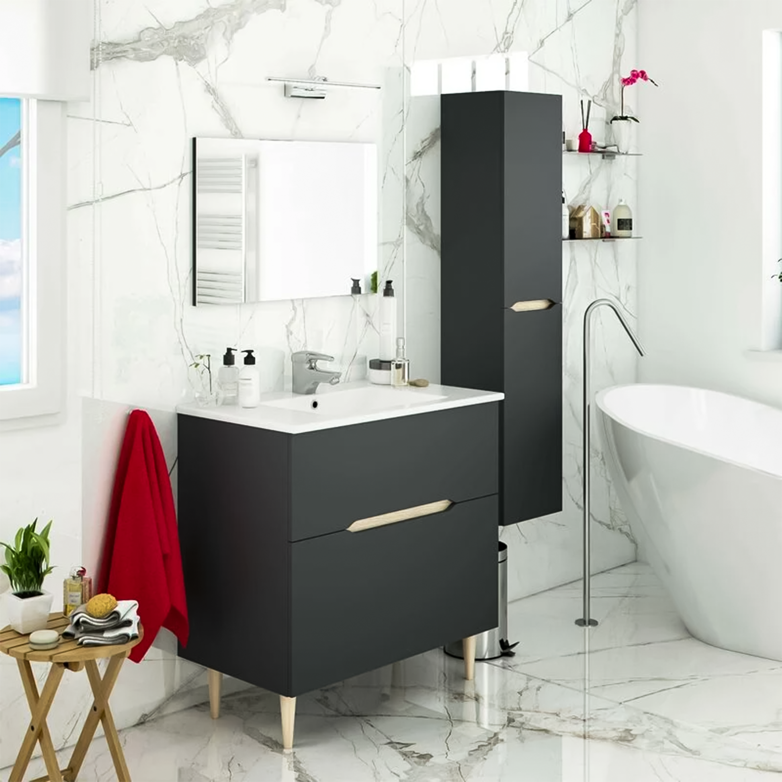 Kit Mobile sotto lavabo "Denver" da bagno in truciolare con specchio cm 80x45 80h