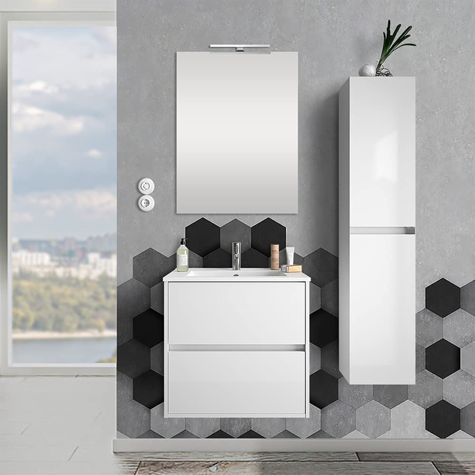 Colonna pensile da bagno "New Splash" mobile a 2 ante in legno rovere cm 31x33,5 138h