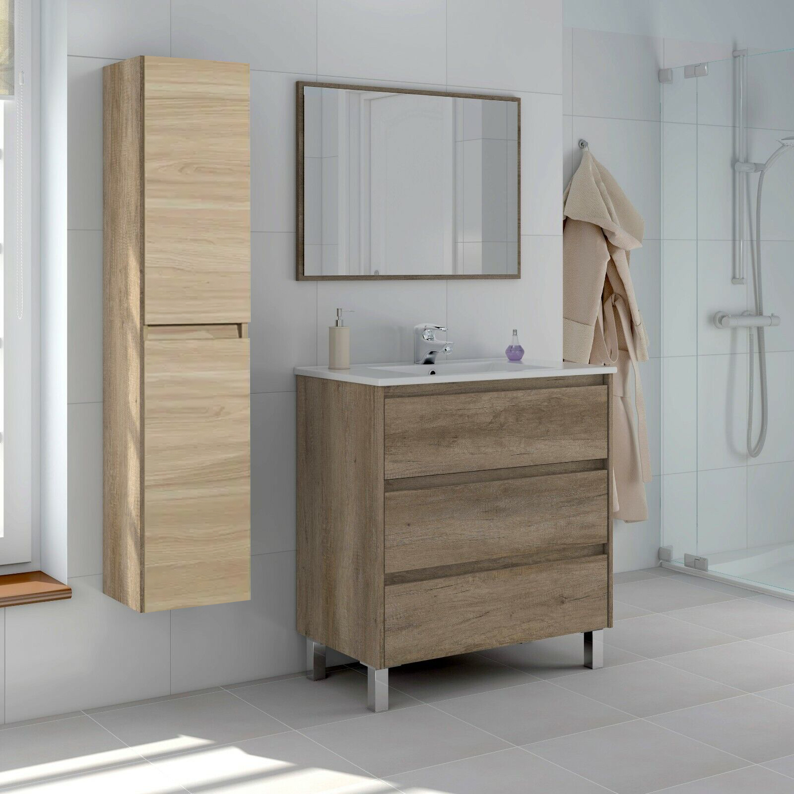 Colonna pensile da bagno "New Splash" mobile a 2 ante in legno rovere cm 31x33,5 138h