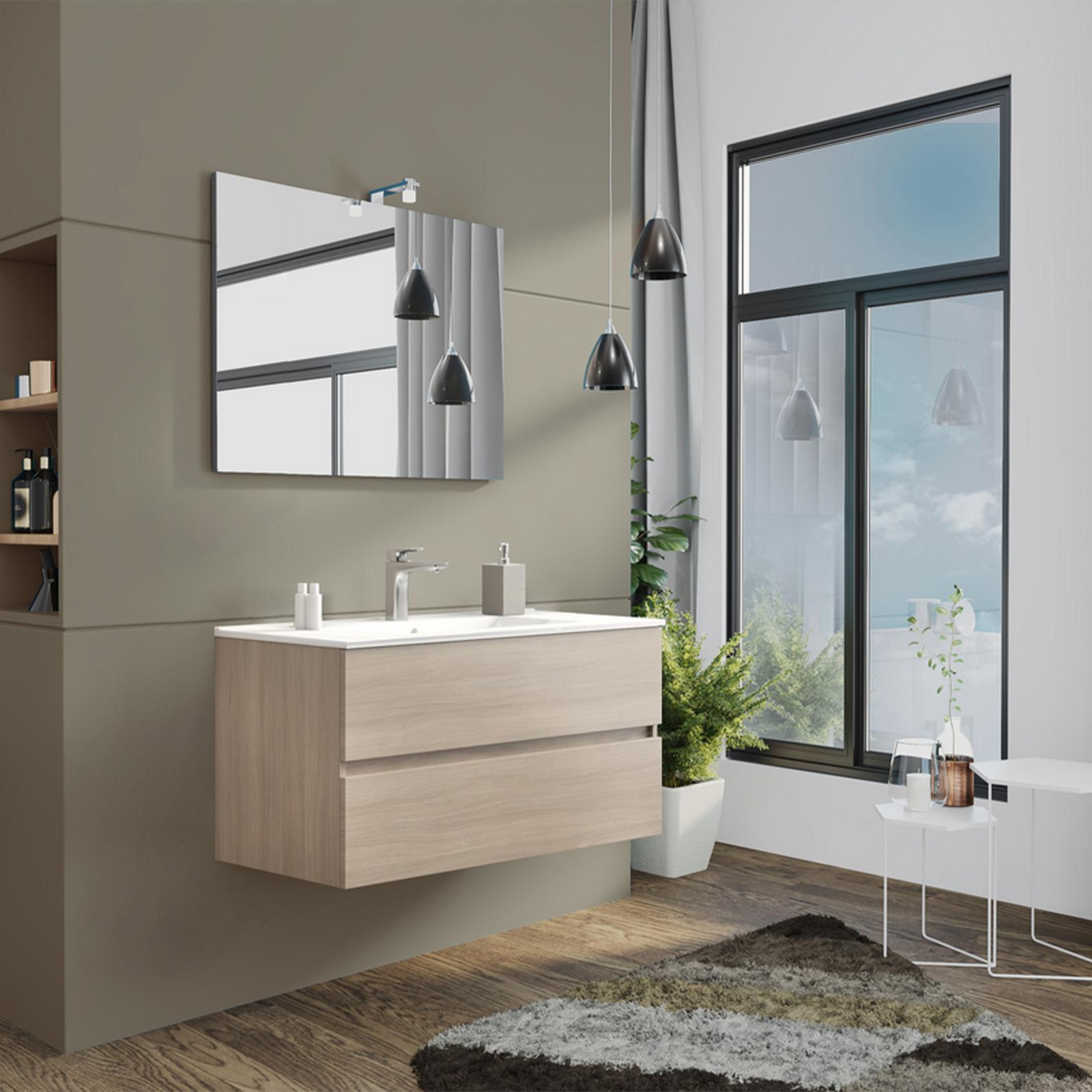 Mobile sotto lavabo sospeso "New Splash" cassettiera in truciolare con specchio