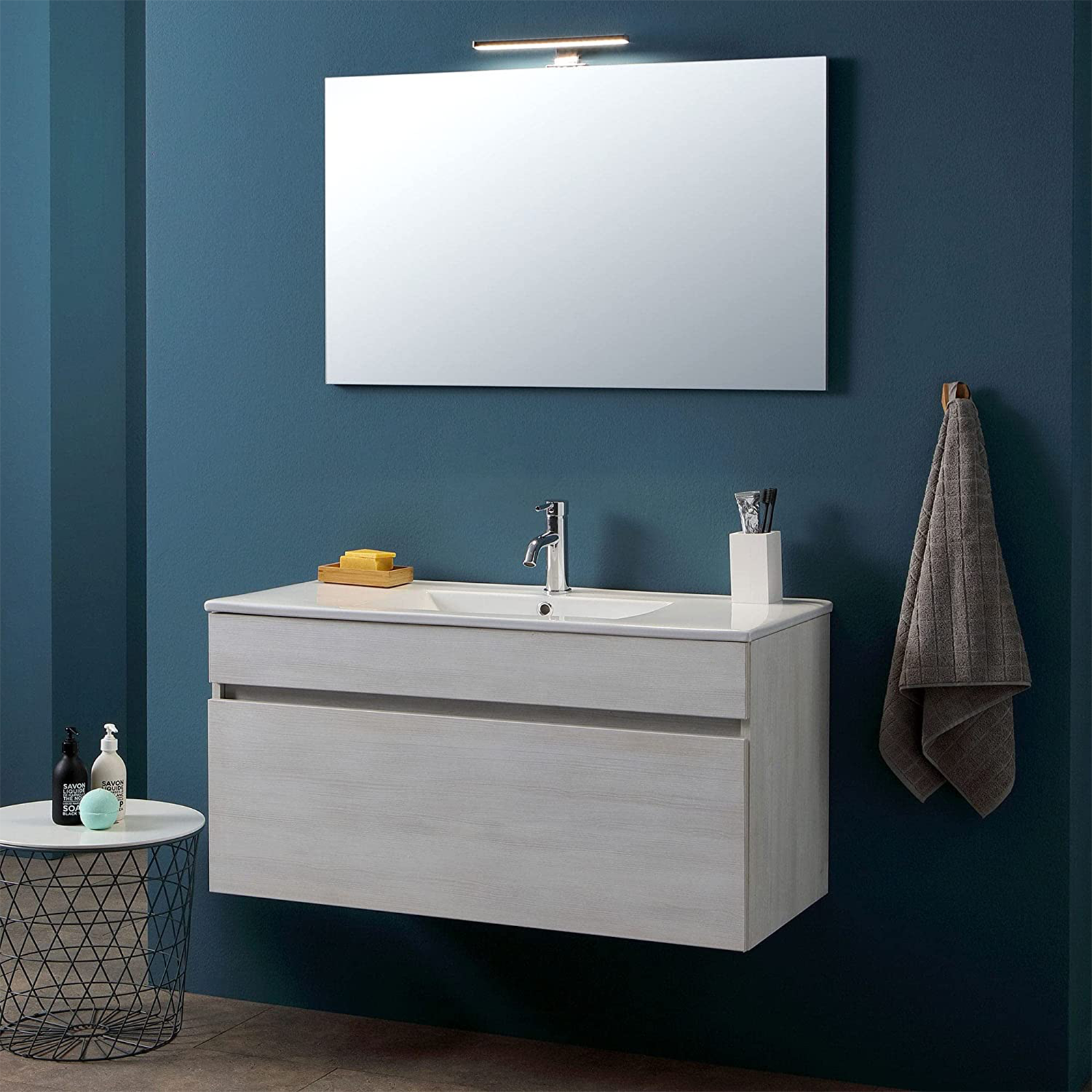 Mobile da bagno sospeso "Bogotà" con lavabo in ceramica cassettiera e specchio led