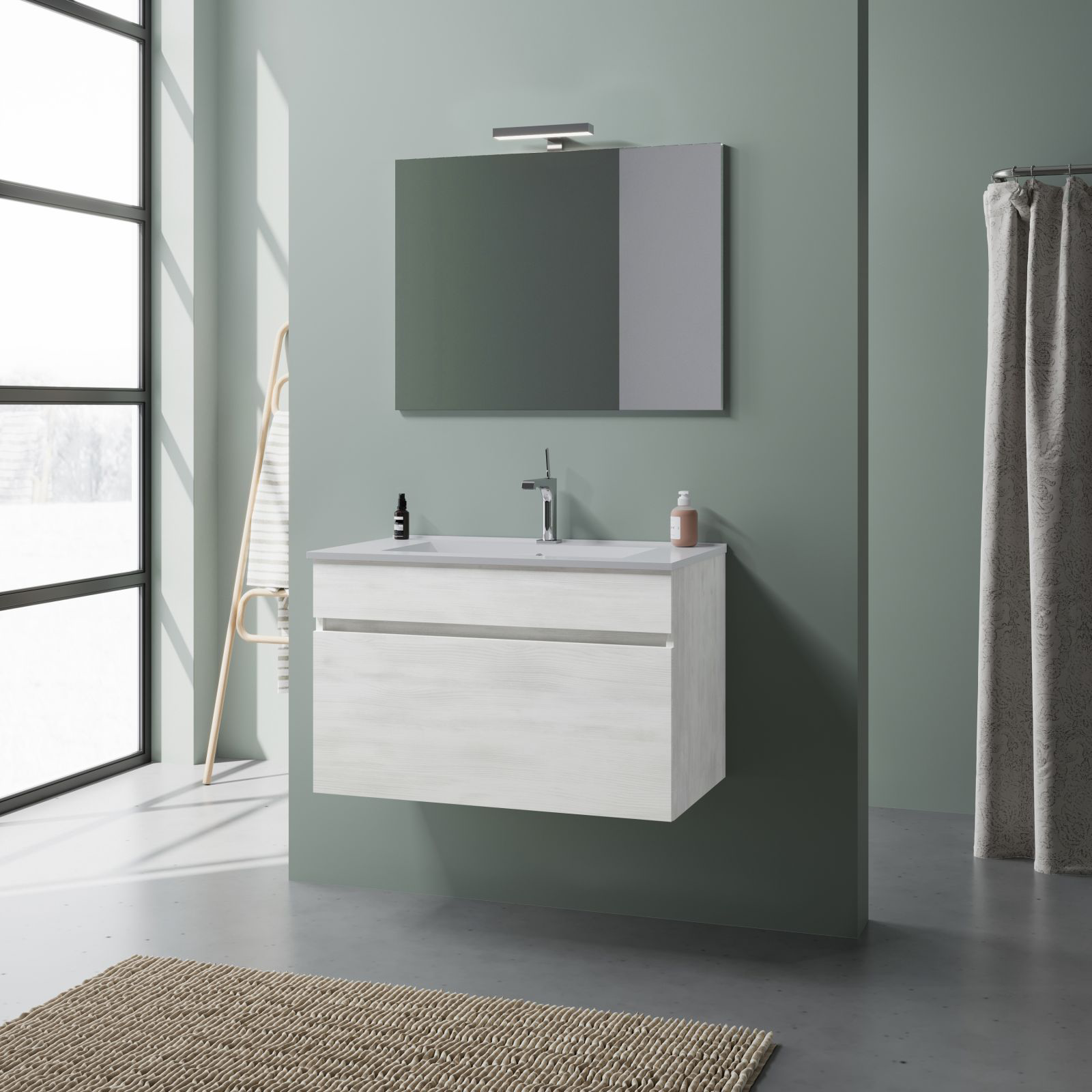 Mobile da bagno sospeso "Bogotà" con lavabo in ceramica cassettiera e specchio led
