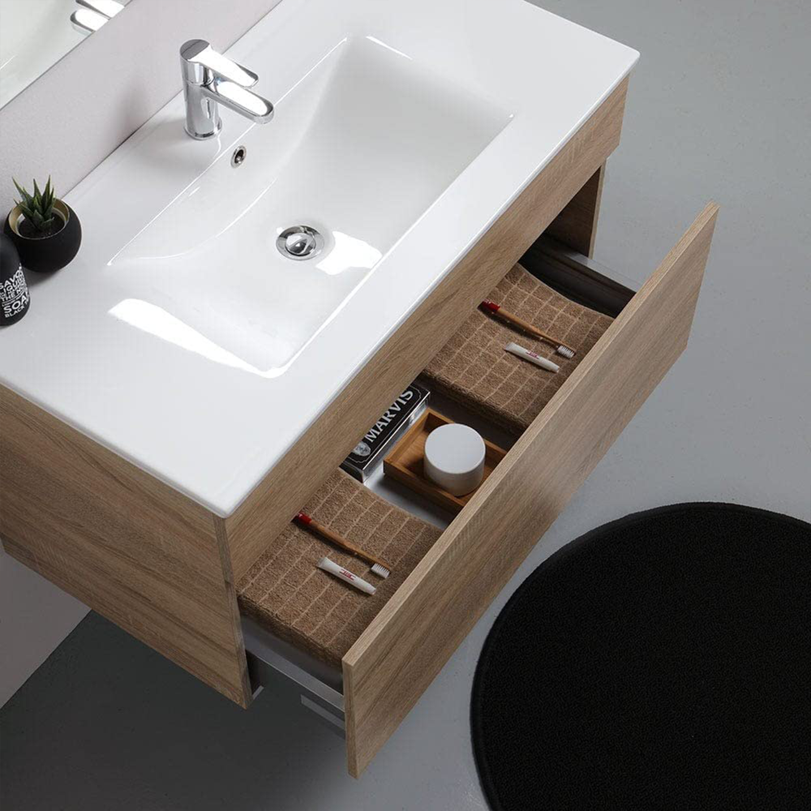Mobile da bagno sospeso "Bogotà" con lavabo in ceramica cassettiera e specchio led