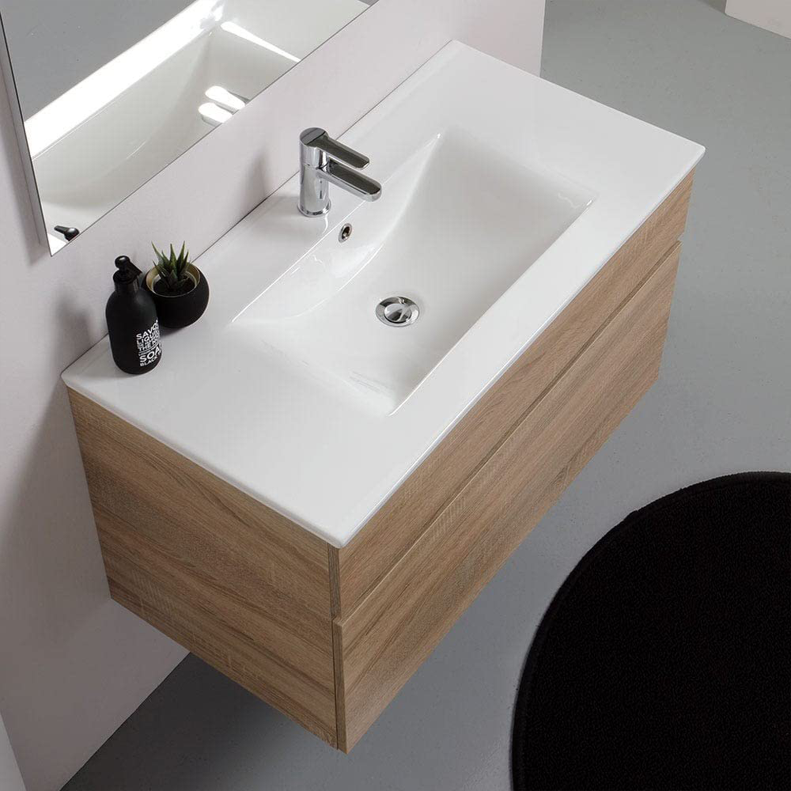 Mobile da bagno sospeso "Bogotà" con lavabo in ceramica cassettiera e specchio led