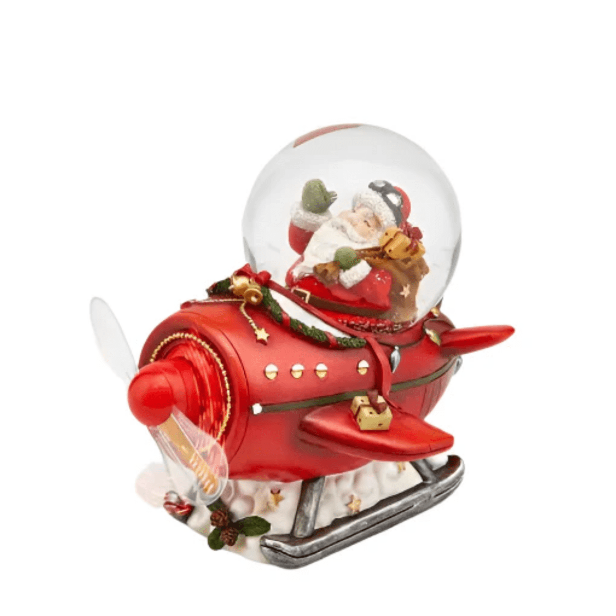 Sfera Natalizia Babbo Natale su aereo con eliche a LED con scritta “Merry Christmas” ed effetto nevicata cm 16x14 15h - MondoViro