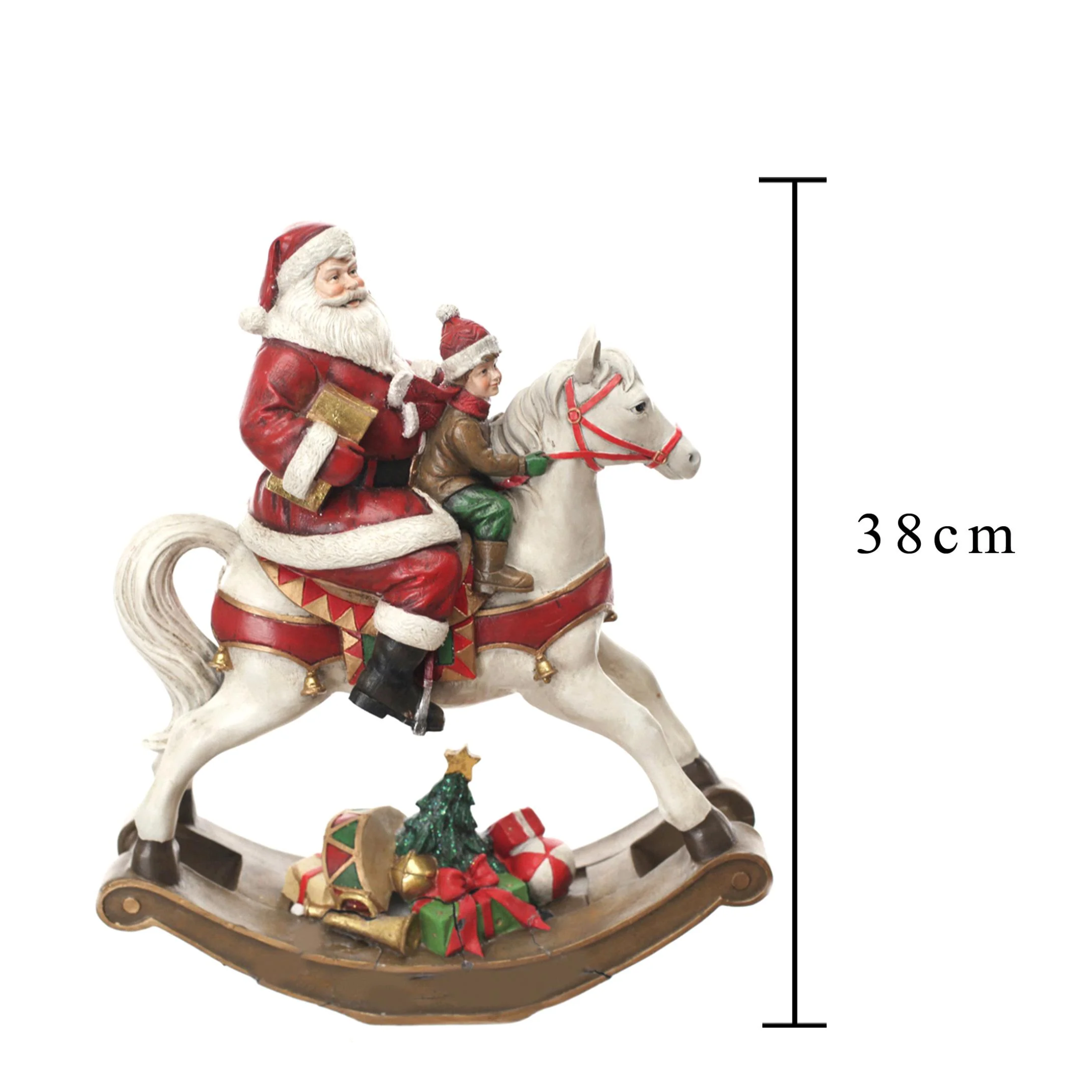 Statuetta cavallo a dondolo con Babbo Natale colori natalizi in poliresina cm 18x8 22h