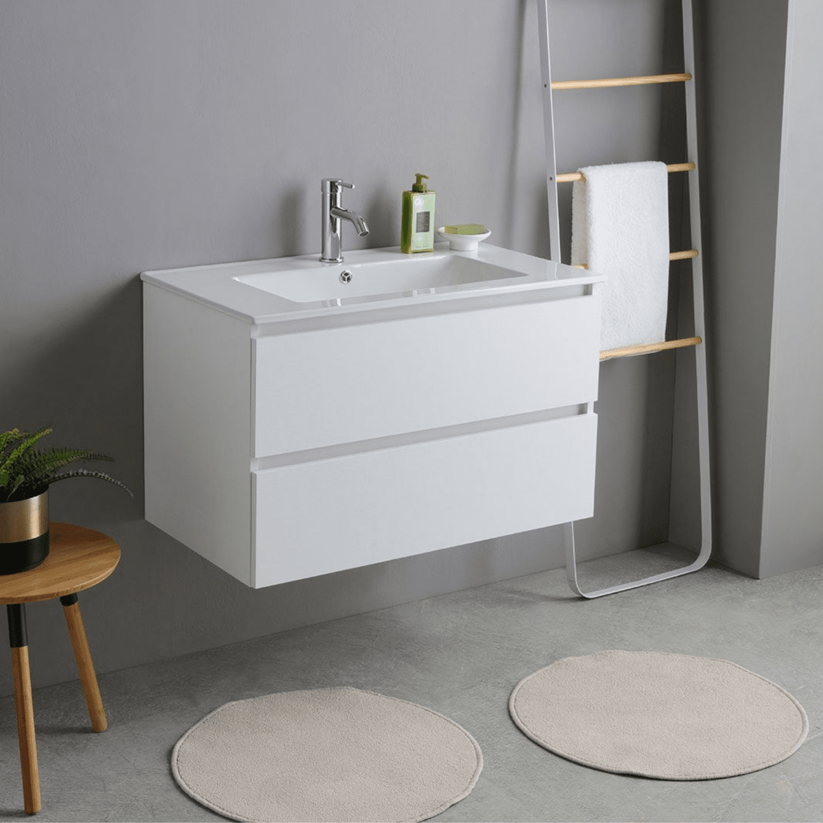 Mobile bagno bianco "Havana" 80 cm sospeso 2 cassetti base con lavabo integrato in ceramica - MondoViro