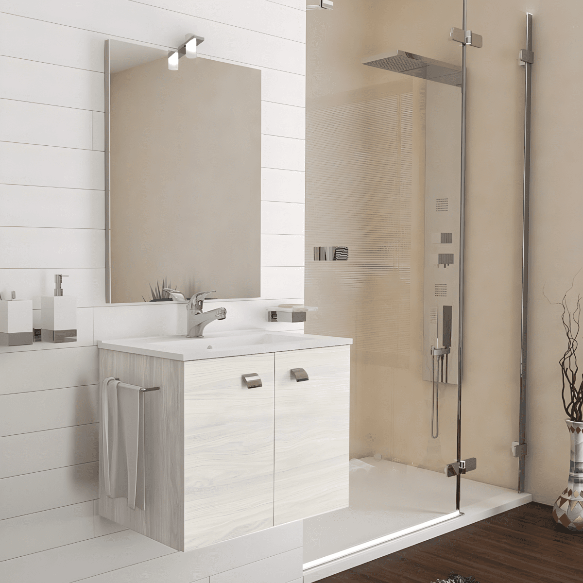 Mobile bagno sospeso "Moa60" con lavabo integrato rettangolare ante con maniglie cromate e specchio LED - MondoViro
