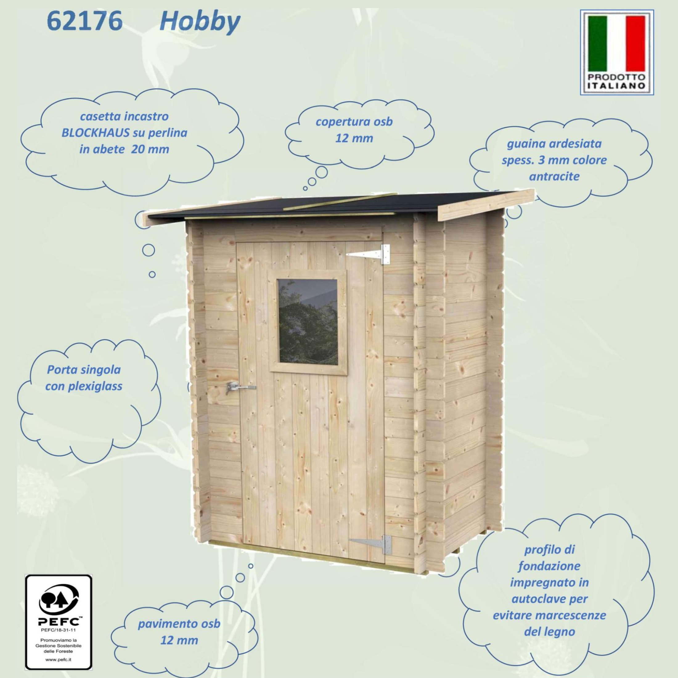 Casetta in legno da giardino "Hobby" monofalda cm 146x98 197h porta singola finestrata