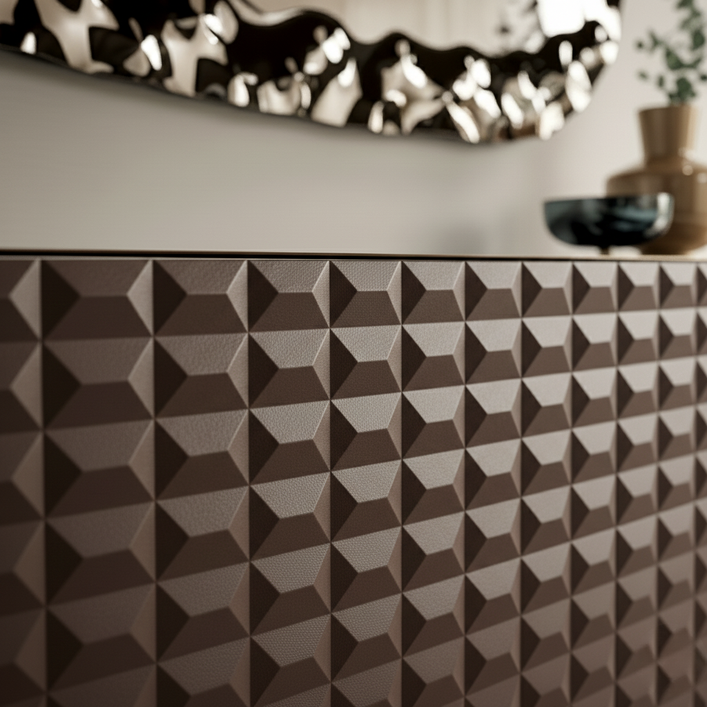 Madia da soggiorno marrone "Arkos" con piede traverso in metallo bronzo e top in vetro specchiato bronzo