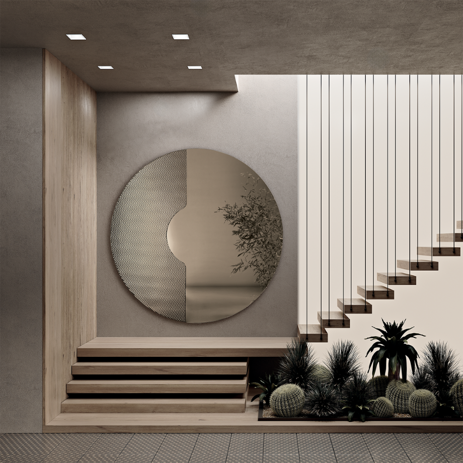 Specchio da parete tondo "Ilia" con inserto a rete per ambienti moderni