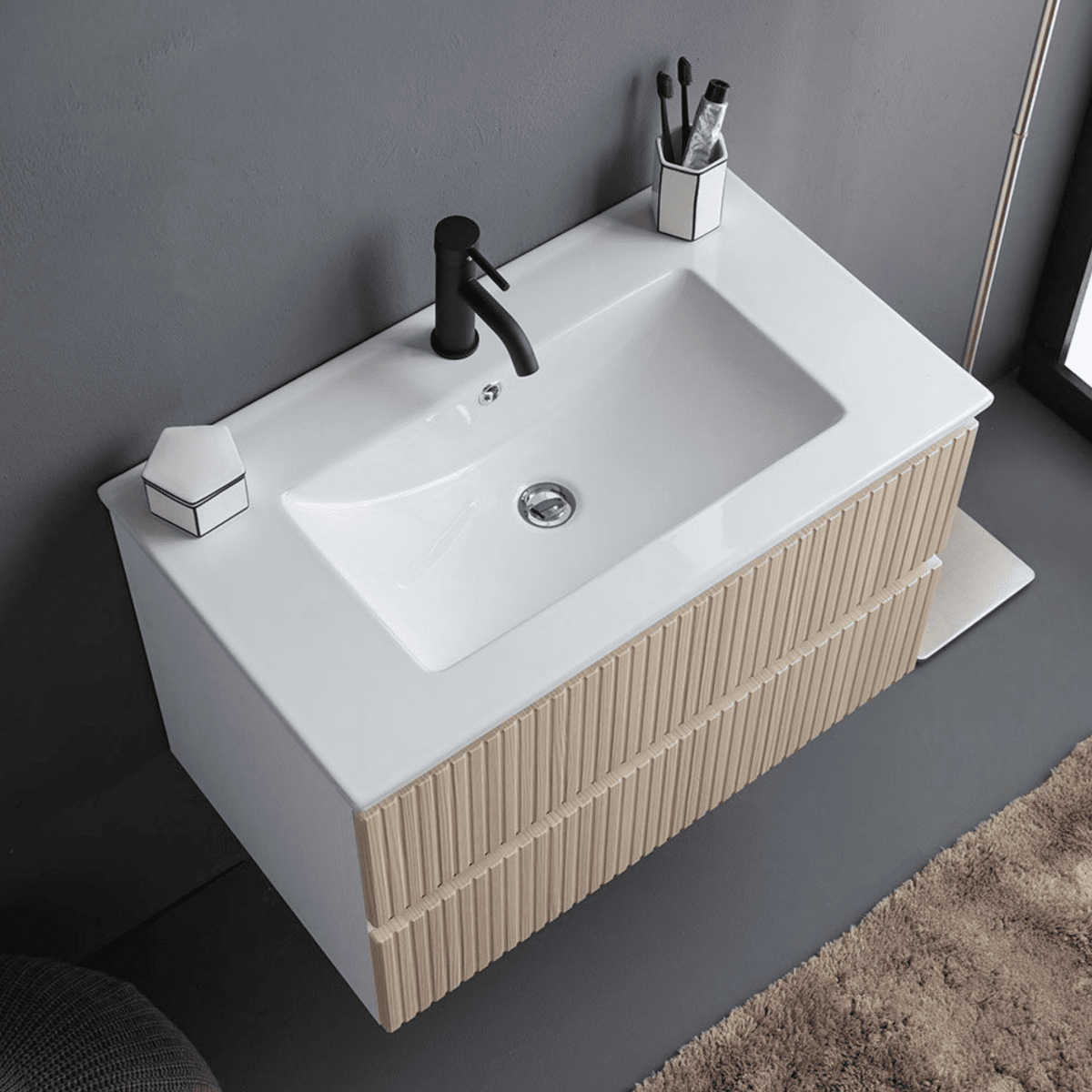 Mobile bagno "Santorini" sospeso 80 cm bianco e rovere con frontale cannettato e lavabo in ceramica - MondoViro