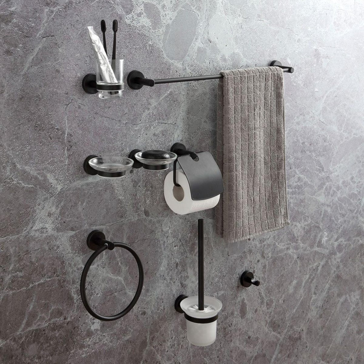Set da 8 accessori per il bagno "Jonas" in metallo nero opaco da parete - MondoViro