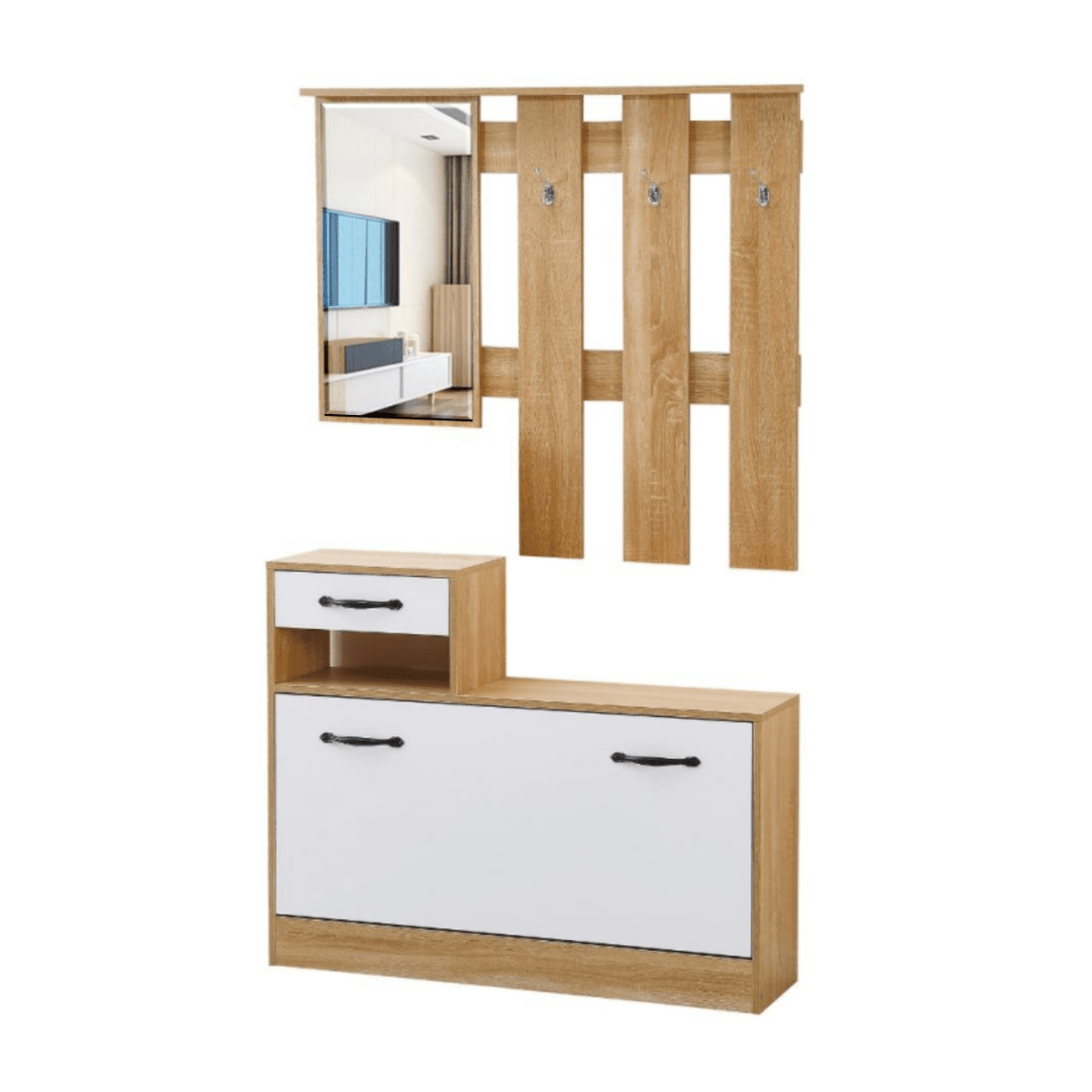 Scarpiera da ingresso in legno "Rudolf" con specchio e appendiabiti cm 100x26 180h - MondoViro