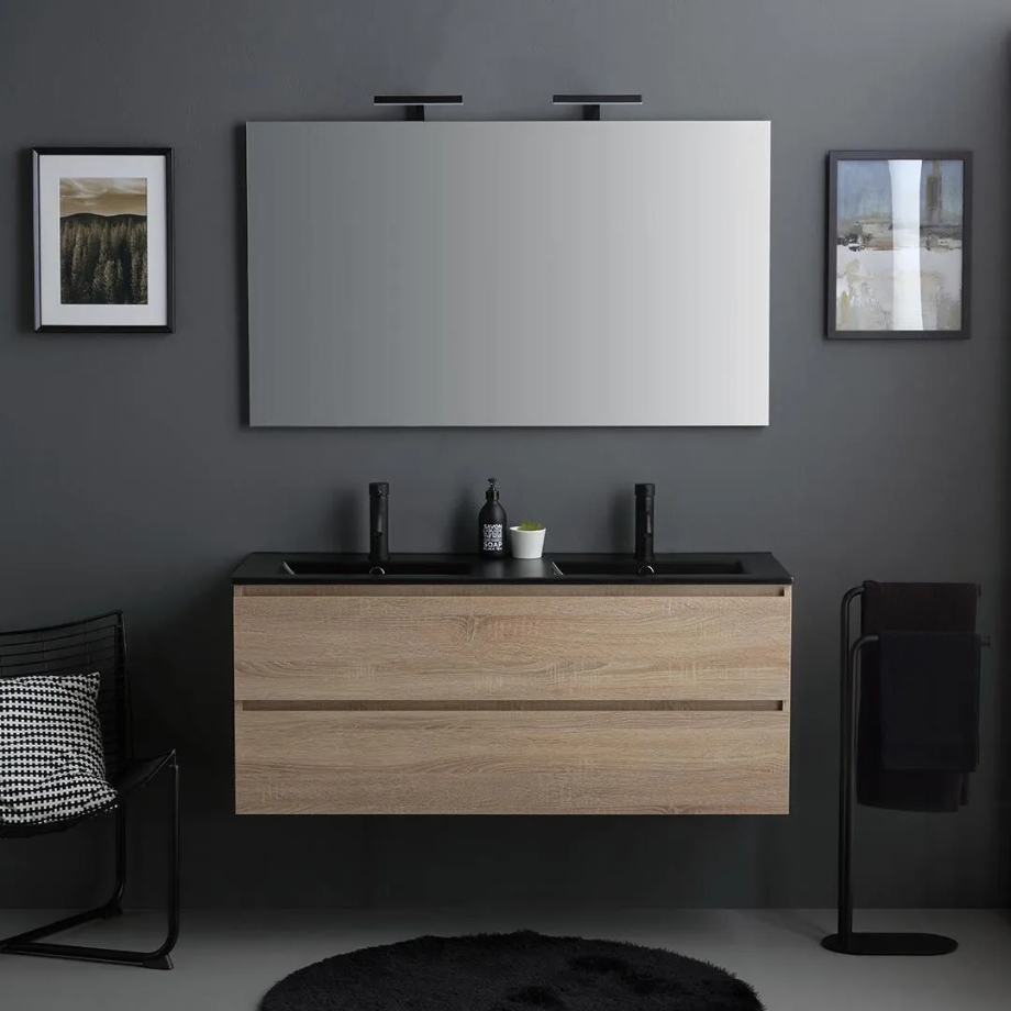 Mobile bagno sospeso 2 cassetti "Berlino120" color rovere con doppio lavabo nero e specchio