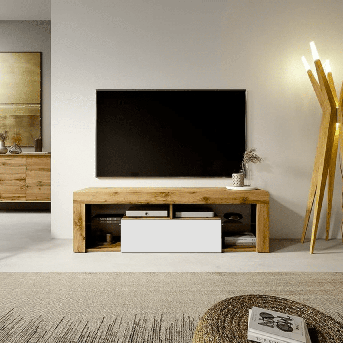 Mobile porta tv "Hugo" in legno rovere e bianco cm 140x35 50h - MondoViro