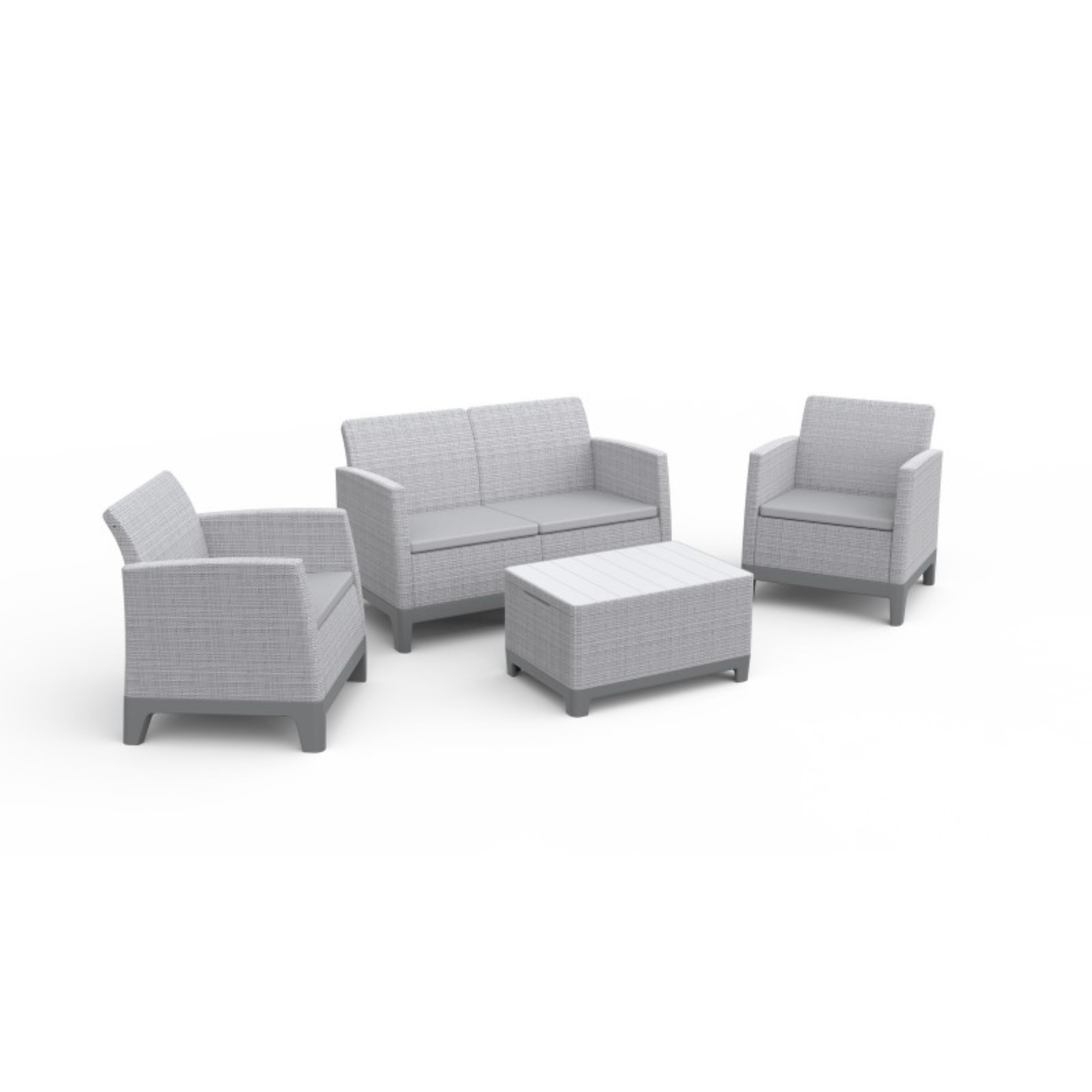 Set salottino "Roselune" da esterno con 2 poltrone, divano e tavolino contenitore grigio chiaro