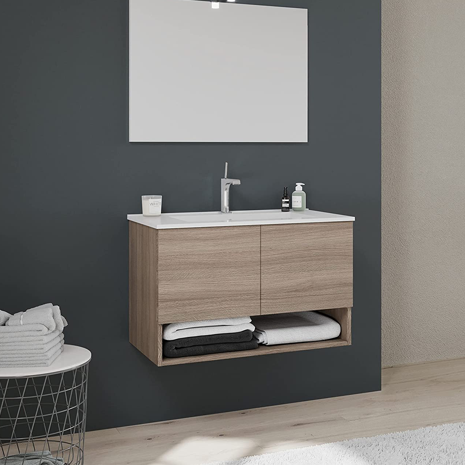 Mobile sotto lavabo "Oslo" da bagno in truciolare con specchio e luce led cm 80x46 53h