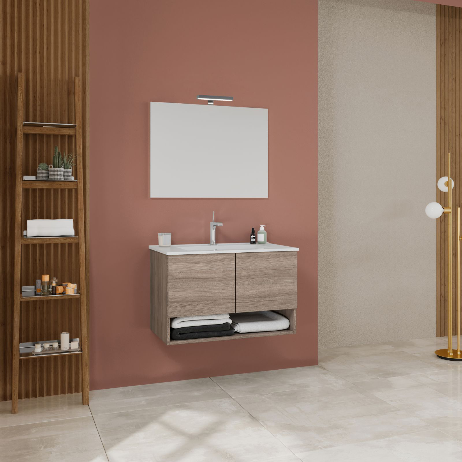 Mobile sotto lavabo "Oslo" da bagno in truciolare con specchio e luce led cm 80x46 53h