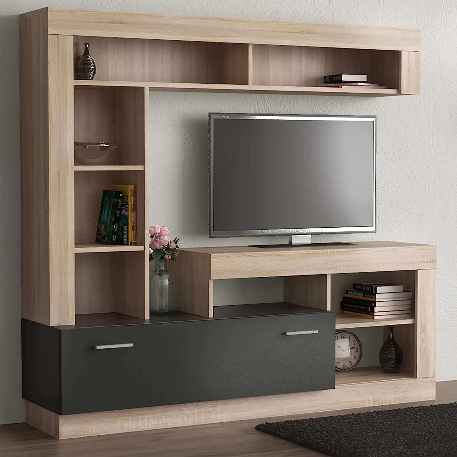 Parete attrezzata "Living Lea" moderna da soggiorno antracite e rovere cm 170x42 170h