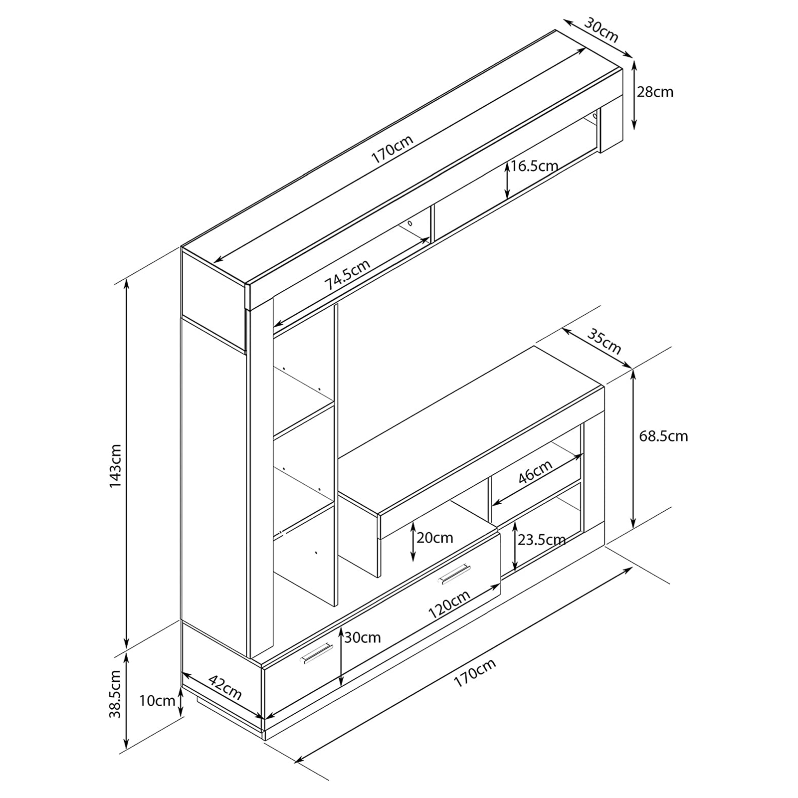 Parete attrezzata "Living Lea" moderna da soggiorno antracite e rovere cm 170x42 170h