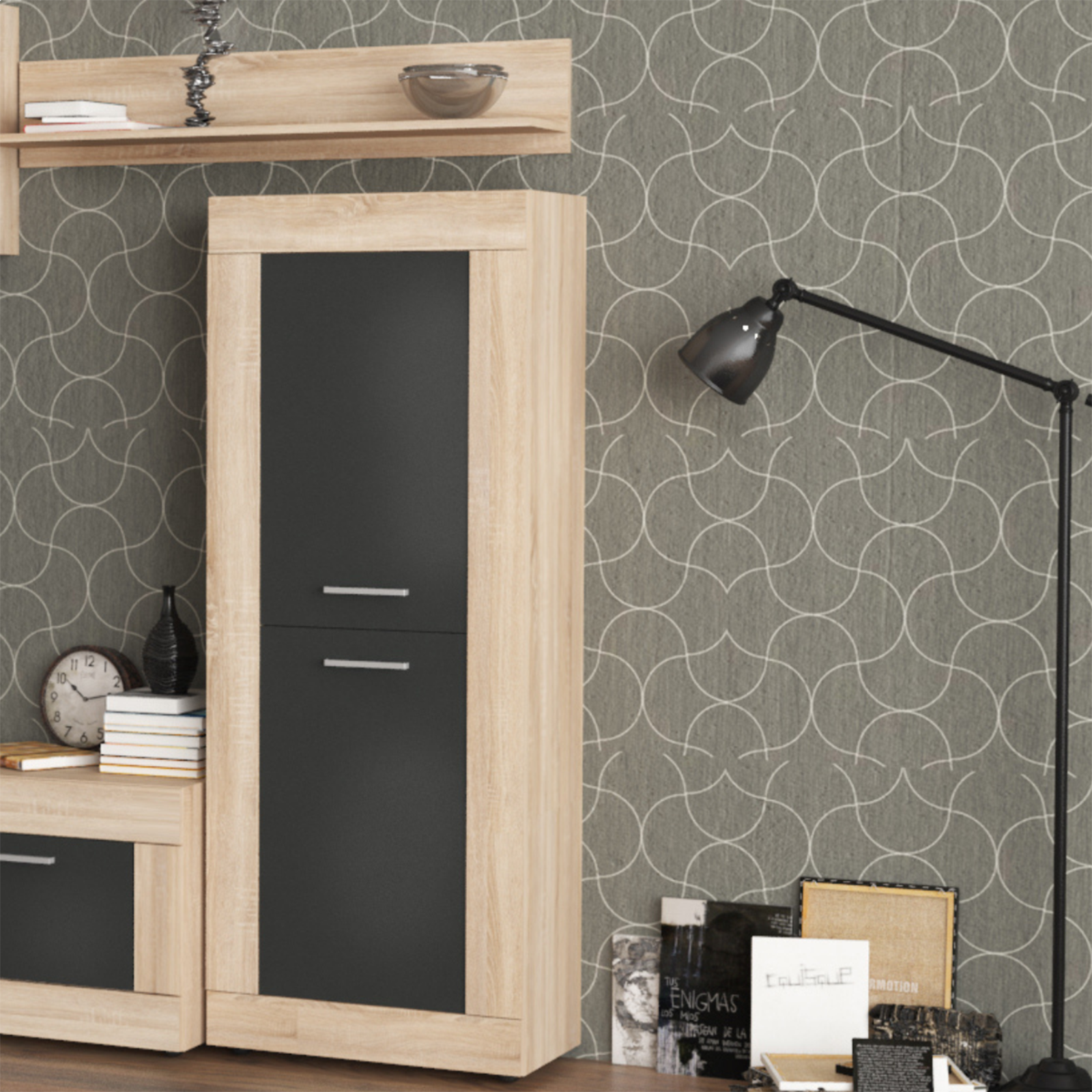 Parete attrezzata "Living Amber" moderna da soggiorno antracite e rovere cm 250x41 188h