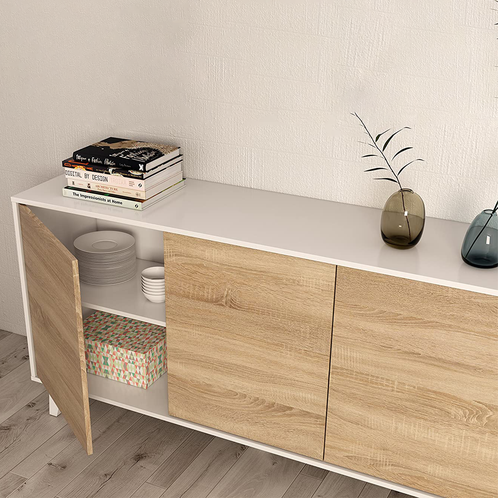 Madia credenza 3 ante "Zaiken" rovere e bianco da soggiorno cm 154x41 75h