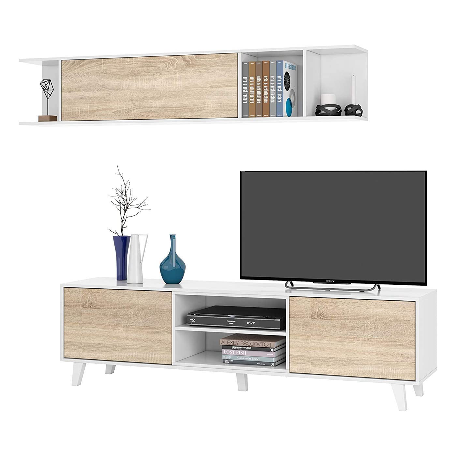 Set parete attrezzata "Zaiken" moderna da soggiorno bianco e rovere 180 cm