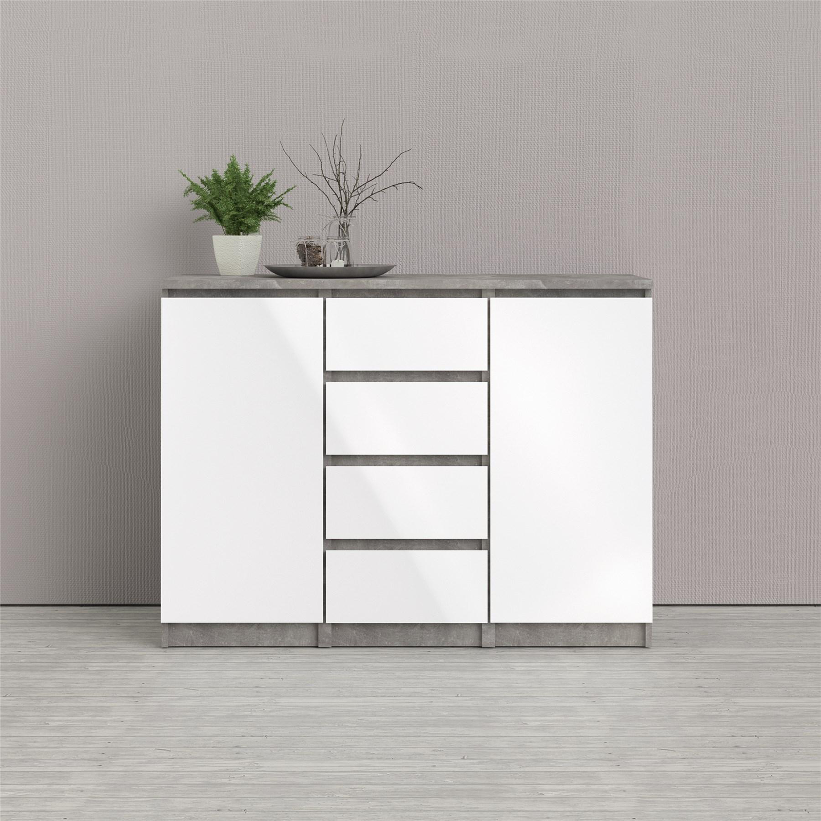 Madia credenza a buffet in legno "Naia" mobile cassettiera bianco e cemento