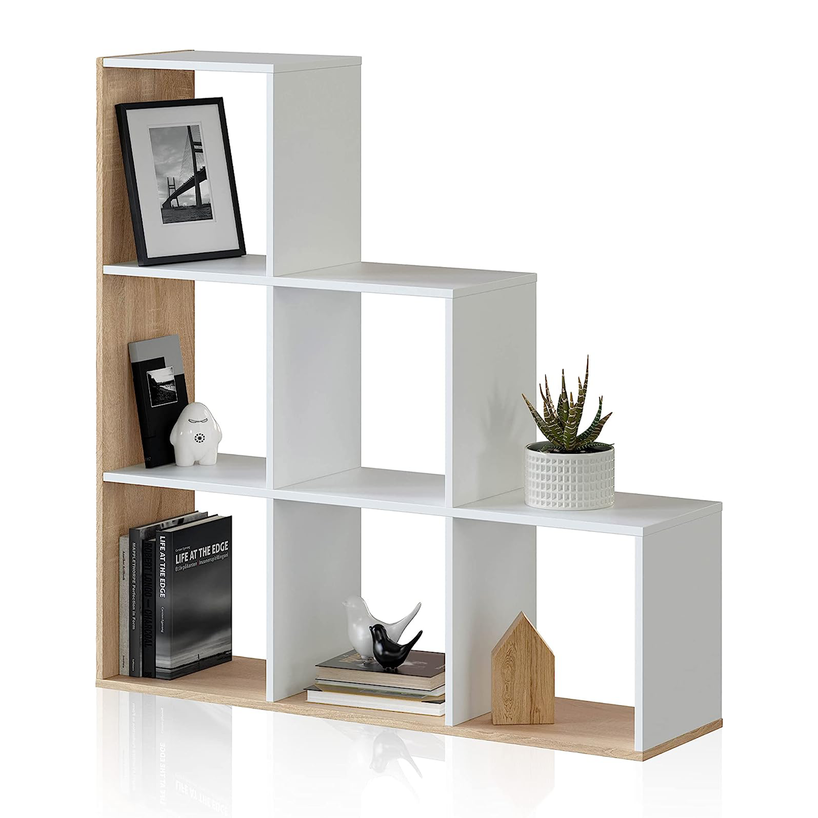 Libreria a giorno "Box" con 6 vani bianca e rovere in legno melaminico cm 108x28 110h