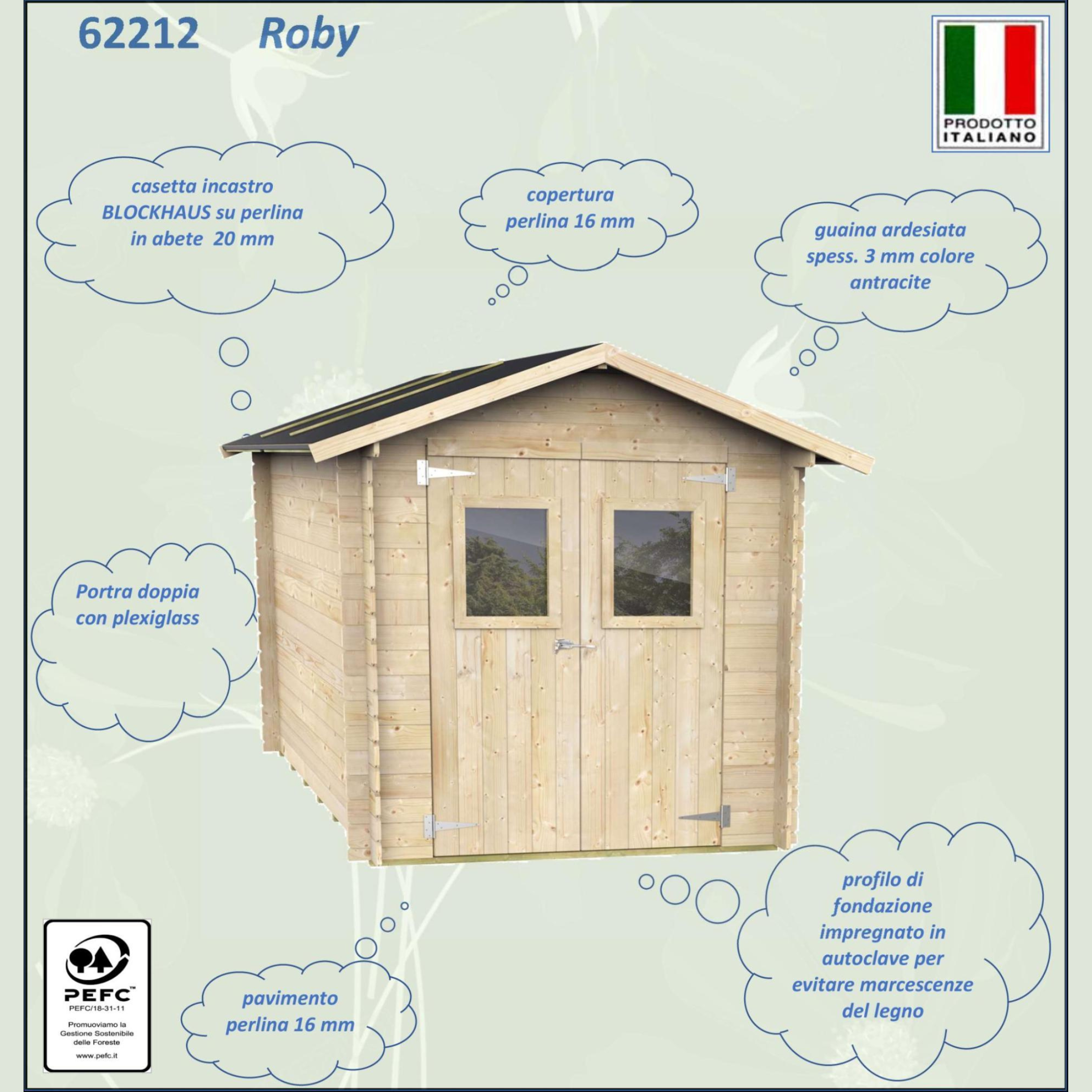 Casetta in legno da giardino "Roby" cm 198x198 215h porta doppia finestra