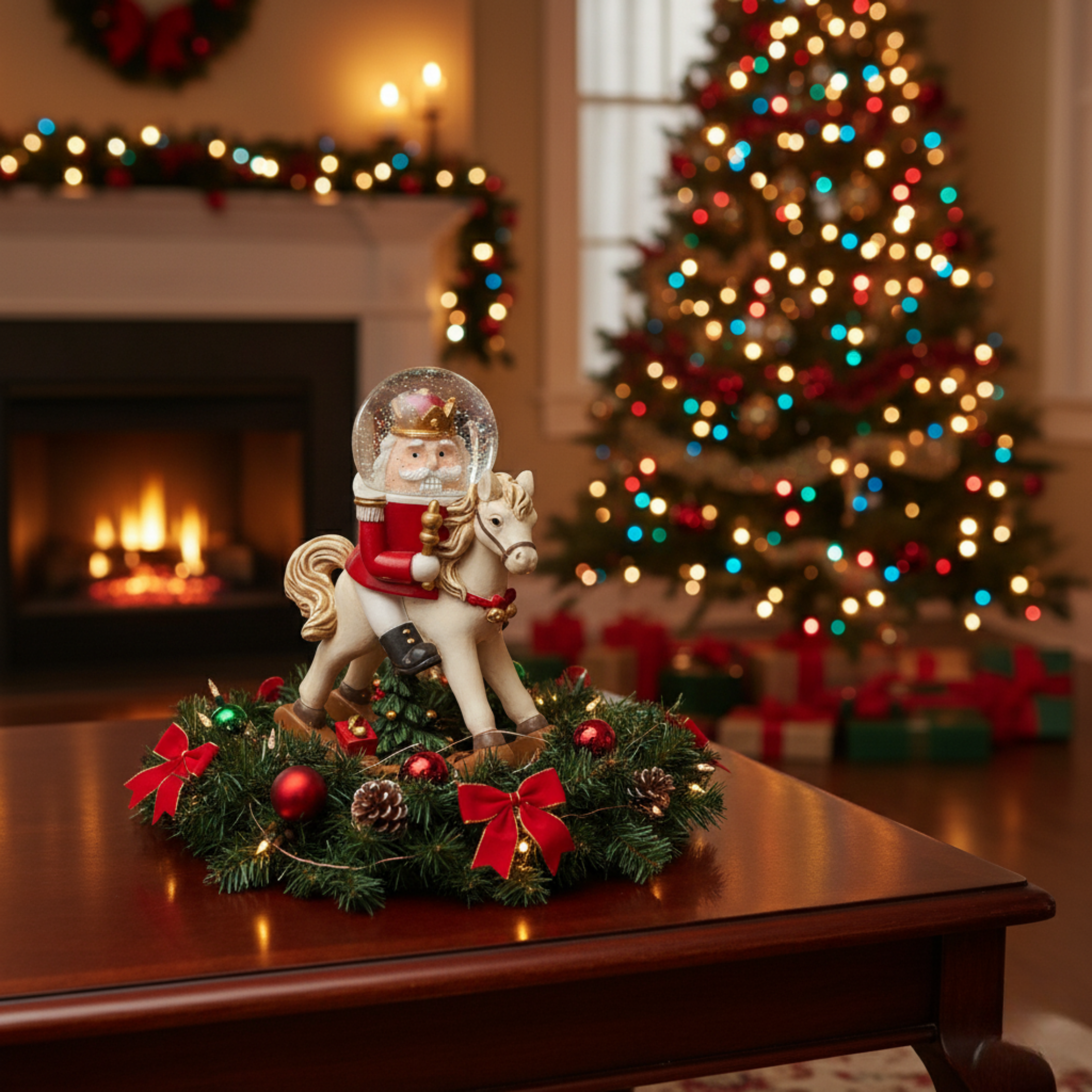 Cavallo a dondolo in resina con sfera d'acqua in vetro e scena natalizia interna ad effetto neve brillante cm 13,5h