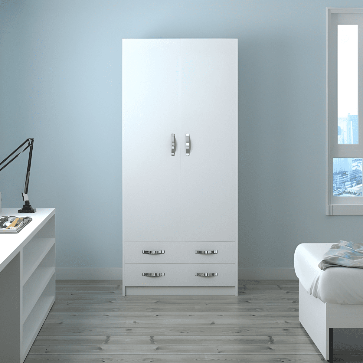 Armadio in legno bianco "Modern2" con 2 ante e 2 cassetti appendiabiti cm 91x52 210h - MondoViro