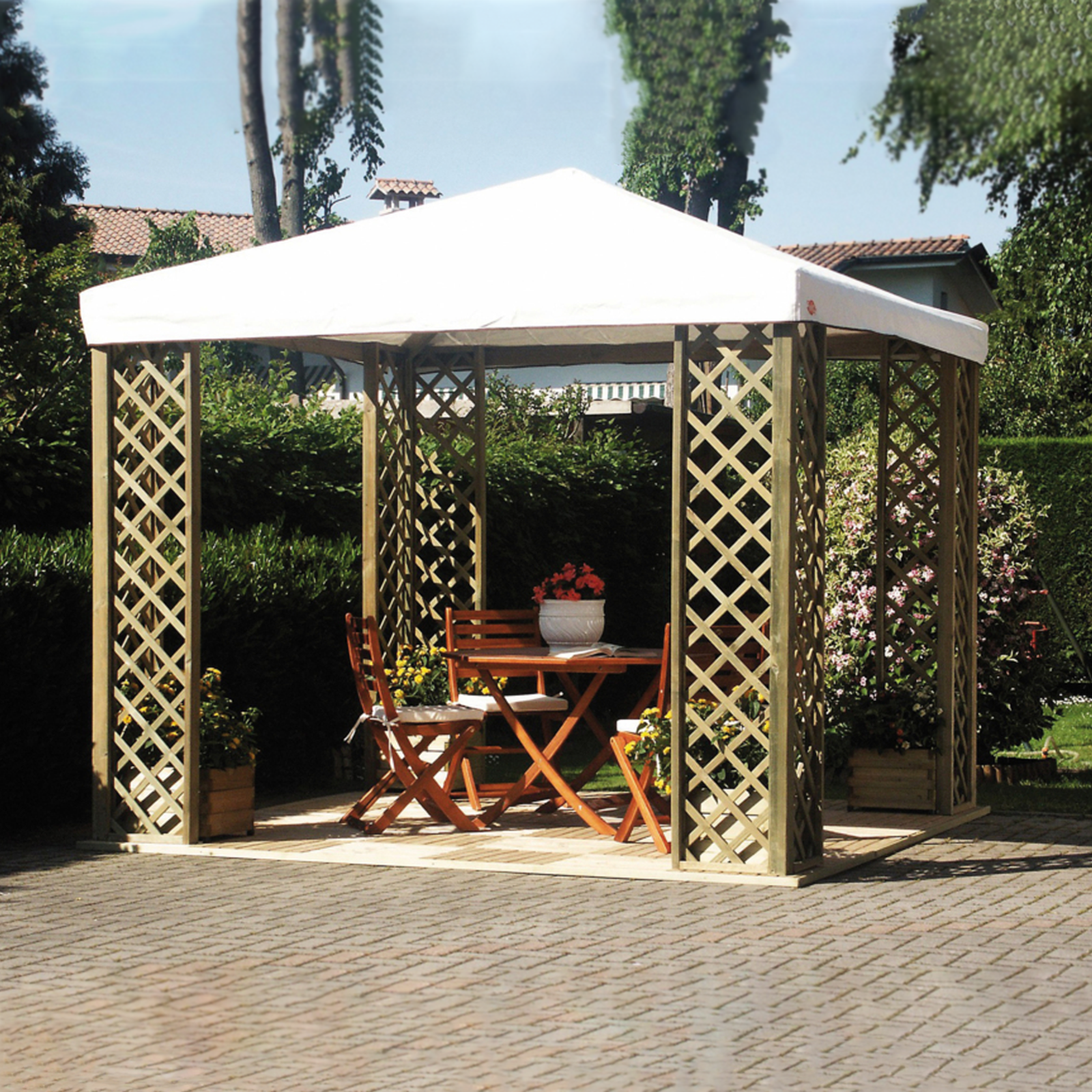 Gazebo per esterno in legno di abete "Lolita" copertura in pvc bianco mt 3x3 2,7h