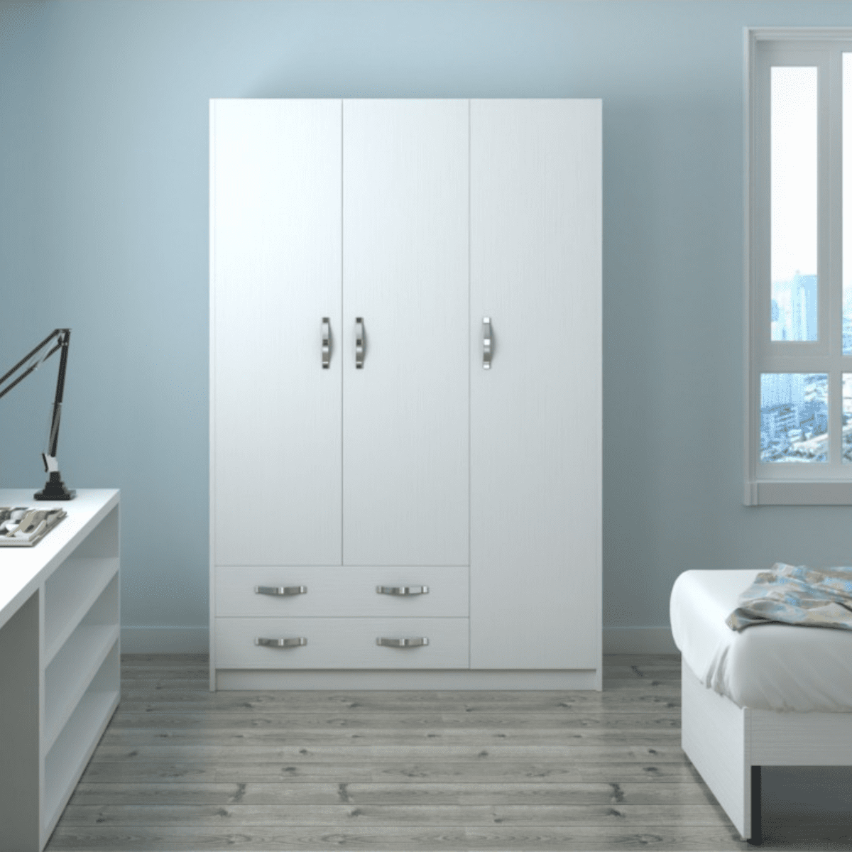 Armadio in legno bianco "Modern3" con 3 ante e 2 cassetti appendiabiti cm 135x52 210h - MondoViro