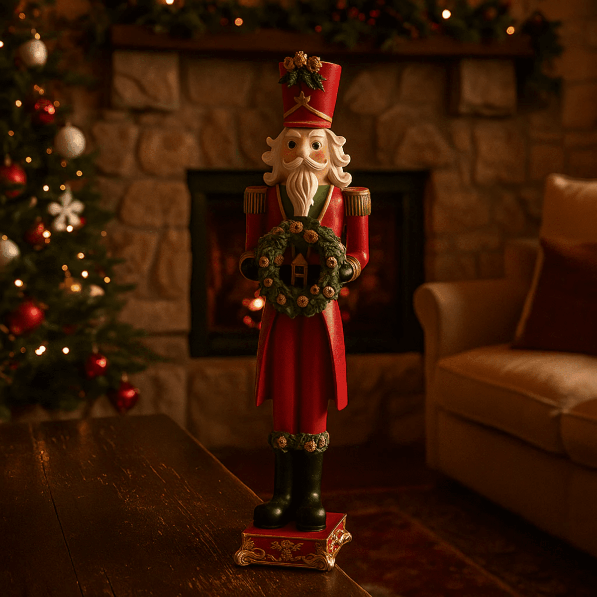 Soldatino natalizio rosso e verde in resina con ghirlanda decorativa integrata con glitter cm 60h - MondoViro