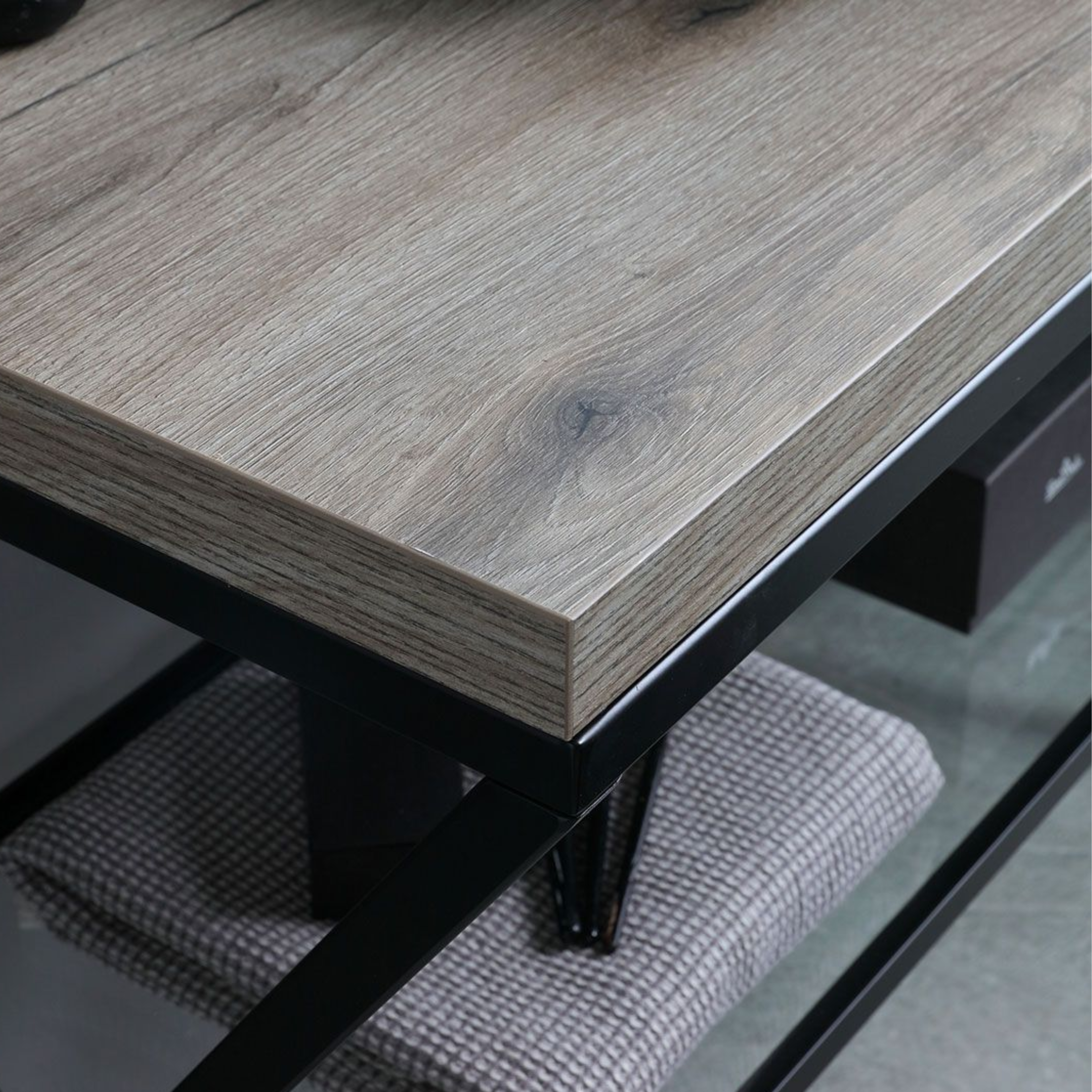 Mobile bagno a terra rovere fossile "Medellín" 100 cm con lavabo grigio rotondo in ceramica e specchio rettangolare