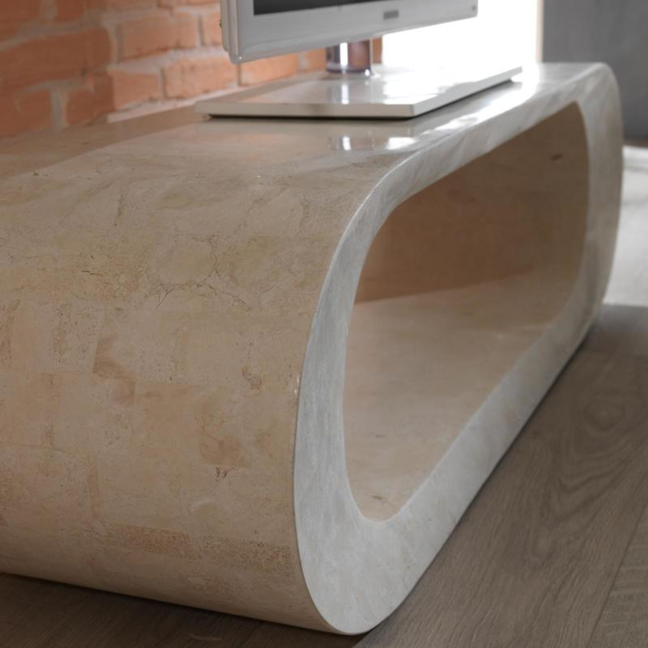 Tavolino basso in pietra fossile tavolo porta tv "Olimpia" cm 130x35 35h